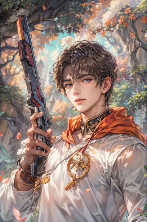 ((Best quality)), ((masterpiece)), (detailed), ((perfect face)), ((halfbody)) handsome face, male, teen boy,  perfect proportions , a character from anime sorcerer hunters, short hair, male version , detailed background, detailed scenery background 