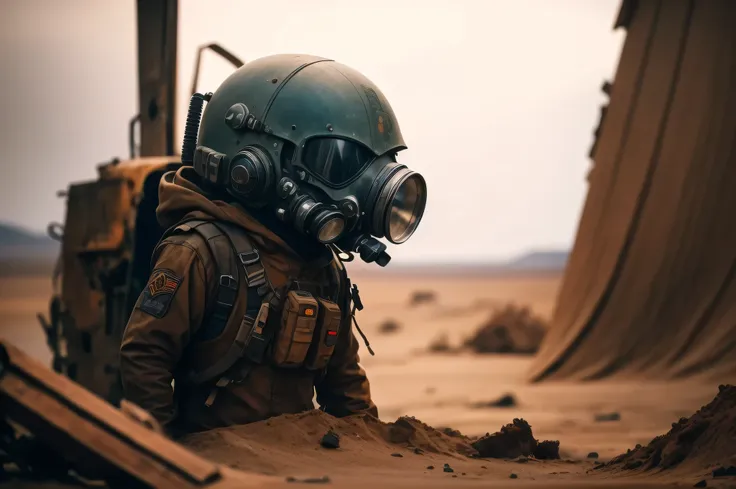 A small alien wearing a gas mask、stand in front of a wrecked vehicle. The stage is a landscape of sand dunes, Reminds me of movie stills "dunes 2020". Alien has a reptilian appearance with evil features, Looks like an evil astronaut from a science fiction ...