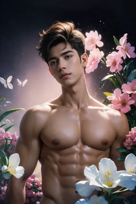 a muscular, 1 muscular man, solo, (oil painting:1.5), (NSFW:1.2), a muscular man wearing nothing completely naked, joyfully twirling in the raining paint, 1boy, short hair, floral, Lycianthus ,In light pink and light blue styles..., Dreamy and romantic com...