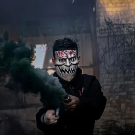 arafed man with a face painted with a message kiss me, in an alleyway during the purge, smogpunk, scary style, scary look, masked person in corner, with a white muzzle, by Emma Andijewska, killer, urban horror aesthetic, still from a music video, ghost mas...