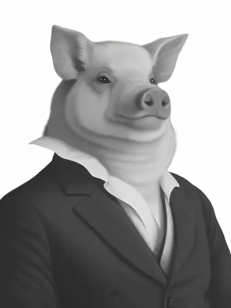 uma foto em preto e branco de um porco vestindo terno, porco em um smoking, cavalheiro, um porco, inspired by Pedro Álvarez Castelló, Homem urso porco, hybrid of pig and nyc policeman, por Thomas Dalziel, Anthropomorphic warrior piglet, Tenente Adam Marczy...