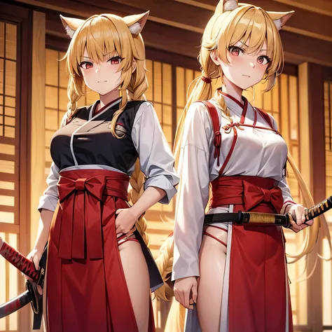 wolf warrior  girl, blonde, long braided twintails, wearing long red hakama, holding a katana, awkward expression, tsundere, moe.