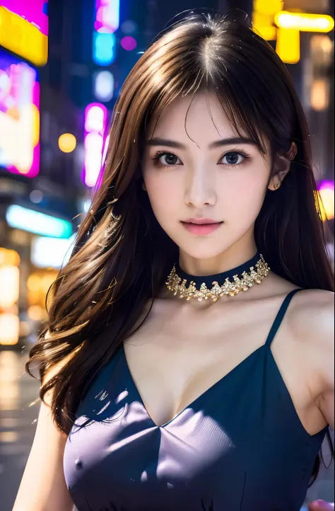 Best quality at best, tmasterpiece, A high resolution, 1个Giant Breast Girl,Chinese dress,hair adornments,choker necklace, jewely,pretty  face,above_body, dingdall effect,realisticlying, dark studio, edge lit, two color lights,(highdetailskin:1.2), 8k ultra...