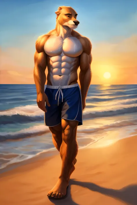 A black man walks along the beach in this exquisitely rendered painting. The sun is setting, casting long shadows on the golden sand. The man wears a pair of simple, faded shorts and nothing else, his toned muscles glistening with sweat in the fading light...