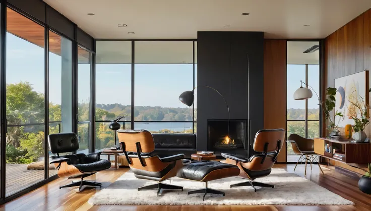 A stunning open concept living room with floor-to-ceiling windows, sleek wooden floors, and iconic mid-century furniture pieces like the Eames lounge chair and Arco lamp, bathed in warm natural light in the style of Mid-Century Modern. hyper realistic, 8k,...