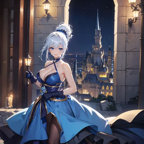 A woman wearing a blue dress, wearing black gloves, white hair with a ponytail, blue eyes, on the top of a large castle, smiling, at night
