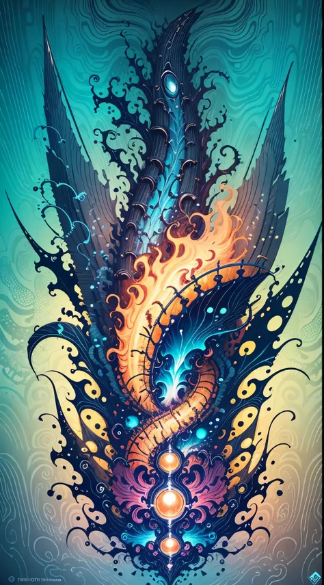 explosives, Decorated with chaotic Subnautica motifs、Otherworldly paintings of omnipresent shape-shifting gods, sharp eyes, A breathtaking fusion of fine art and mesmerizing photo collage, mesmerizing poster design:: their appearance is、It exuded the myste...