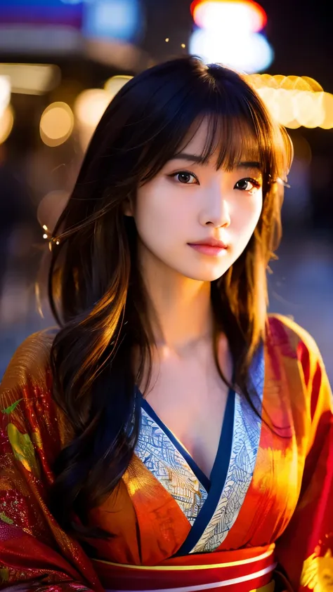 Beautiful Japanese supermodel woman, A lock of hair with slight highlights, black eyes, mixed media, Sexy，street background，Gorgeous kimono , Liquid color flows across her face, Sunset，Photo by Wang Luodan，god of wealth