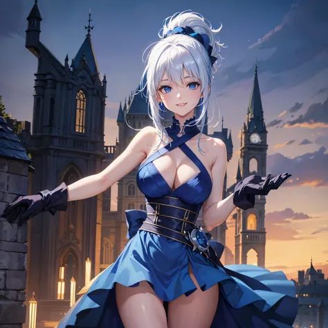 A woman wearing a blue dress, wearing black gloves, white hair with a ponytail, blue eyes, on the top of a large castle, smiling, at night
