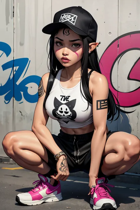 Graffiti Asian girl Graffiti style Wearing a hip-hop hat, wide ears, nose piercing, cigarettes, a Slipknot tattooed tank top, hip-hop pants and oversized Nike sneakers, squatting position, leather soles, graffiti, Thai style, graffiti clouds, graffiti work...