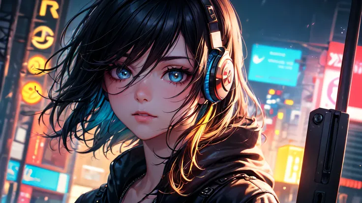 (highest quality, become familiar with, perfect face, the beauty of listening to music, Sitting at the bus stop, cyberpunk style, Unique hair color, soft lighting, bright colors, sparkling ornaments, City of night, neon　peaceful atmosphere, Cozy background...