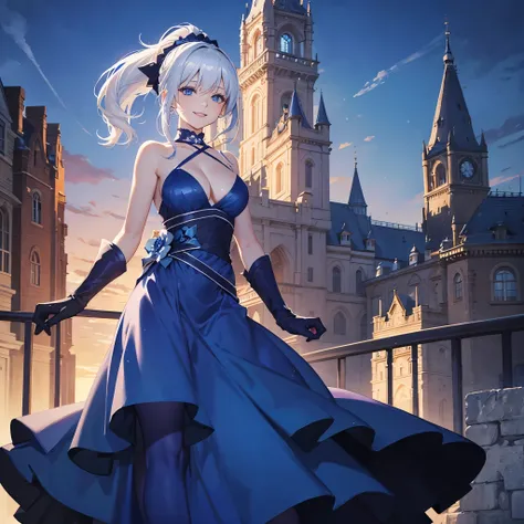 A woman wearing a blue dress, wearing black gloves, white hair with a ponytail, blue eyes, on the top of a large castle, smiling, at night
