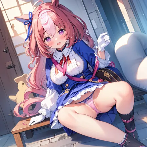 masterpiece, highest quality, 1 girl, small ,young mayshoudou, blue skirt, shirt, horse tail, blue clothes, blue ear ribbon, ribbon, white legwear, frilled shirt collar, white gloves, pink hair band, Shoulder bag,smile,blush,sit with legs apart,lace pantie...