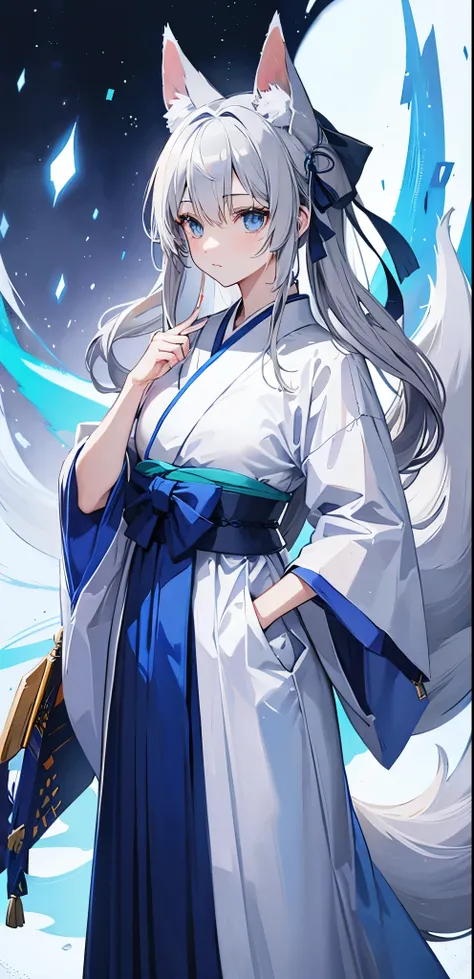 gray hair、blue eyes、Hakama、fox ears、fox tail、Blue aura