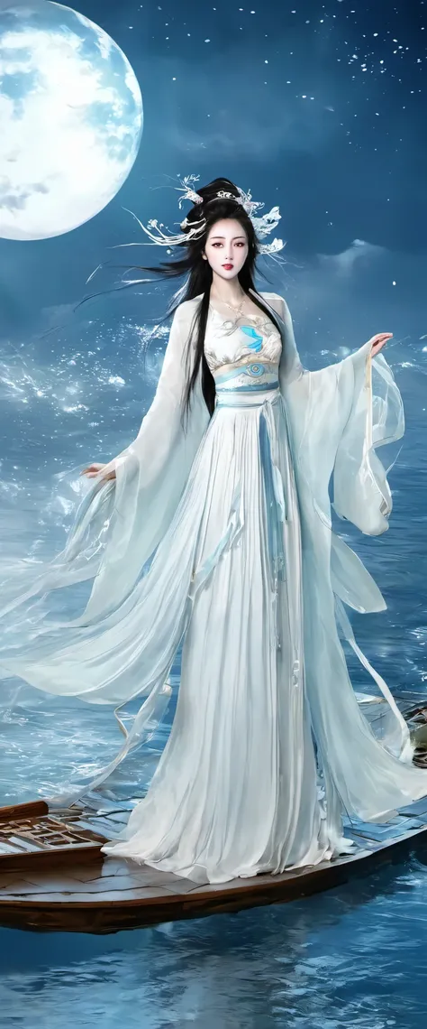 anime girl in a white dress floating in the water with a boat, xianxia fantasy, goddess of the moon, a beautiful fantasy empress...