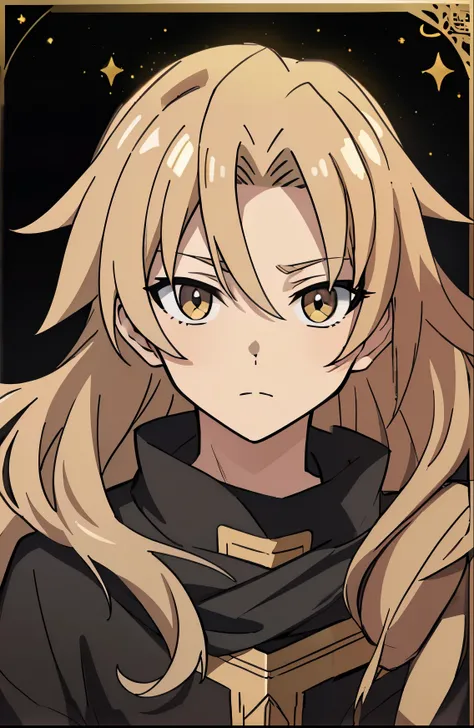 (high-quality, breathtaking),(expressive eyes, perfect face) young face, long hair length, wavy curly hair, messy hair, light blonde hair color, detailed eyes, golden color eyes, Hypnos Saint Seiya Lost Canvas anime inspired, long sleeved black tunic, gold...