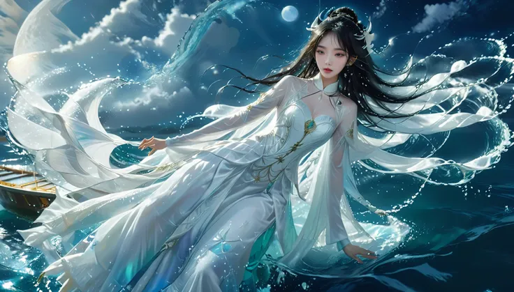 anime girl in a white dress floating in the water with a boat, xianxia fantasy, goddess of the moon, a beautiful fantasy empress...