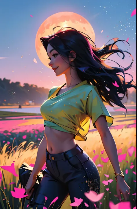 award winning digital art, half body portrait of a beautiful woman in a pink silk shirt and cargo pants with navy blue teal hairstyle with head in motion and long hair flying, big smile, sparkling eyes, sexy, in a flower field, golden sunset, particles dus...