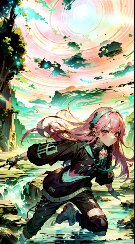 anime - kpop girl wearing black and pink nike outfit, sweater, pink hair, tattoos on hand and neck, piercing, badass pose, arafed view of a rocky landscape with a stream running through it