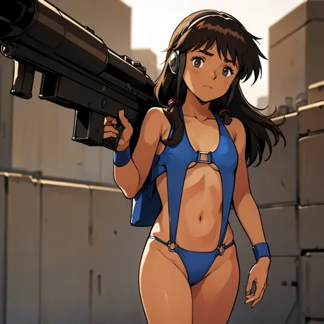 shakti kareen, brown_hair, brown_eyes, long_hair, dark skin, imperial guard combat uniform swimsuit, o-ring bikini, v gundam, sw...