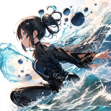 anime girl in black outfit surfing on a wave with blue balls, anime girl walking on water, anime style 4 k, wallpaper anime blue water, clean detailed anime art, 4 k manga wallpaper, high detailed official artwork, by Yuumei, a beautiful artwork illustrati...