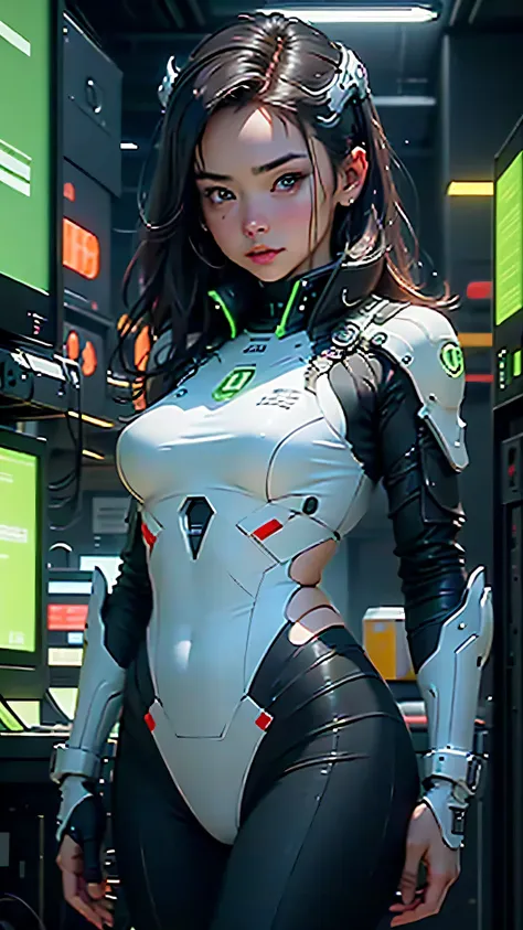 ((highest quality)), ((masterpiece)), (very detailed:1.3), 3d, beautiful (cyber punk:1.3) female hacker with thick and voluminou...