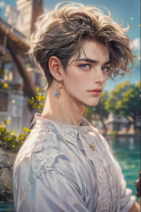 ((Best quality)), ((masterpiece)), (detailed), ((perfect face)), ((halfbody)) handsome face, male, teen boy,  perfect proportions , a male version character from the little mermaid, short hair, male version, detailed background, detailed scenery background...