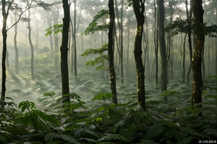 Dense forest morning with dew-kissed foliage