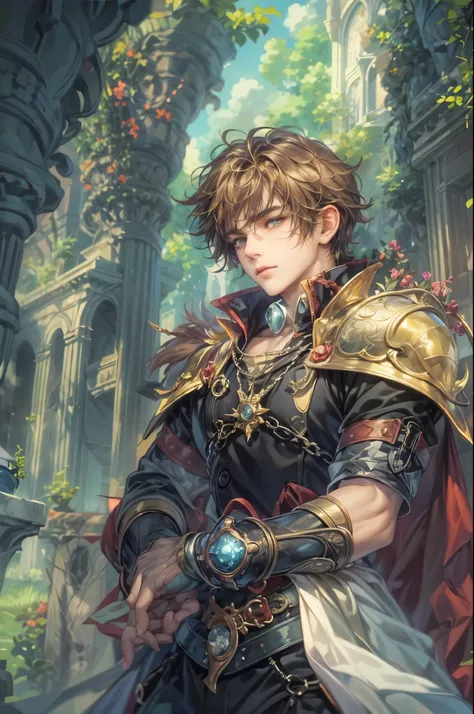 ((Best quality)), ((masterpiece)), (detailed), ((perfect face)), ((halfbody)) handsome face, male, teen boy,  perfect proportions , a character from anime legend of mana teardrop crystal, obsidian hair, short hair, male version , gnostic church of domina s...