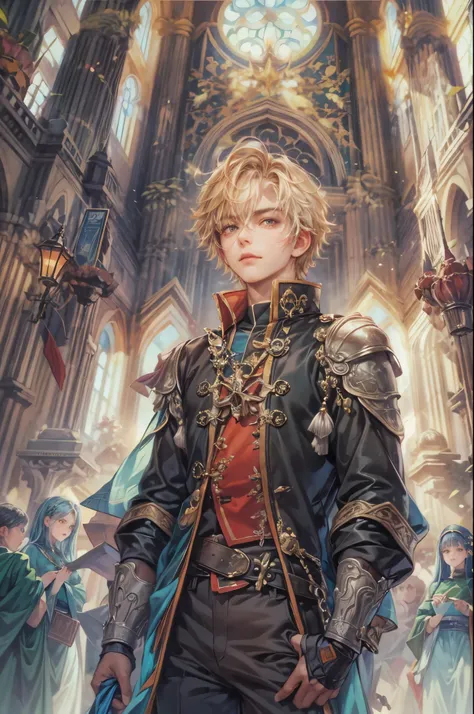 ((Best quality)), ((masterpiece)), (detailed), ((perfect face)), ((halfbody)) handsome face, male, teen boy,  perfect proportions , a character from anime legend of mana teardrop crystal, obsidian hair, short hair, male version , gnostic church of domina s...