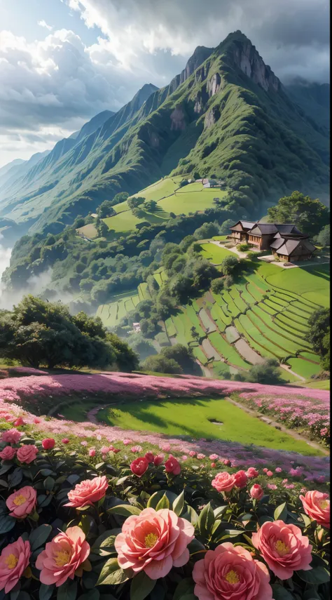 A vast camellia field A mountain hut with a flower field A camellia field A neat flower in the sky々，drizzling village agriculture in a idyllic landscape foggy weather in a vast idyllic landscape early morning morning fog behind a small village fog japanese...