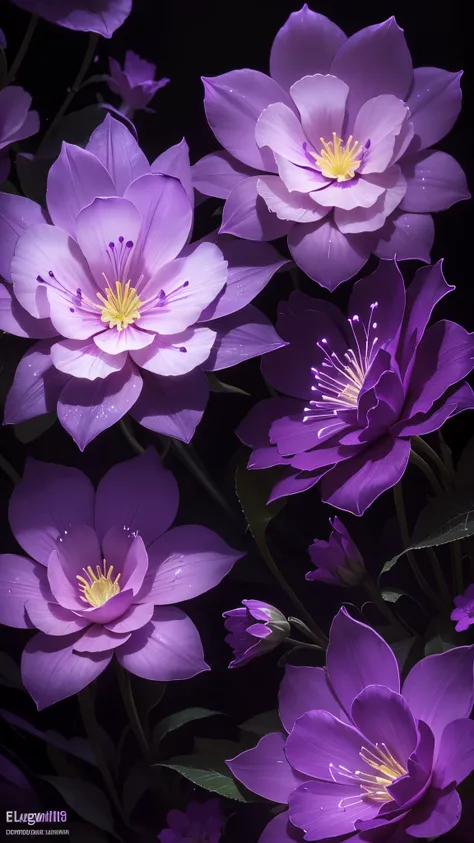 purple flowers with water droplets on them in the dark, glowing purple, glowing flowers, glowing neon flowers, purple glow, purple bioluminescence, purple lights, neon flowers, cool purple lighting, dark purple lighting, luminous flowers, purple lighting, ...