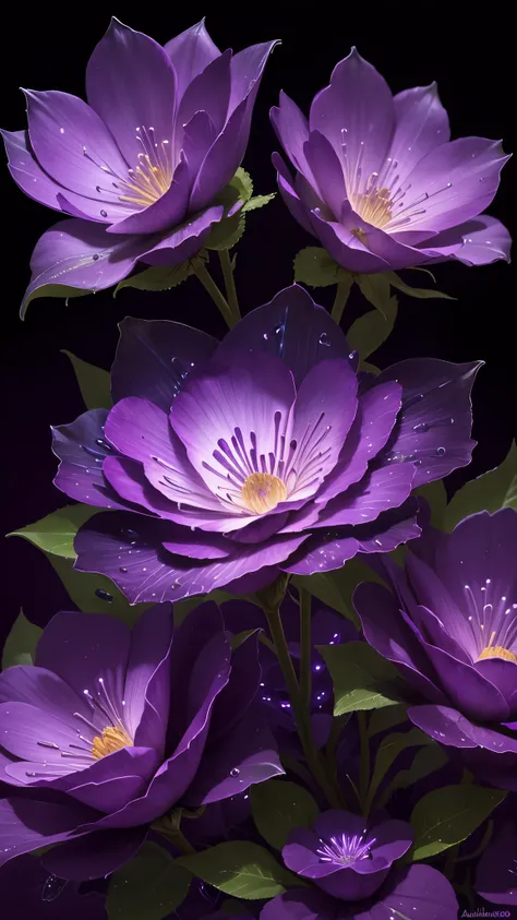 purple flowers with water droplets on them in the dark, a stipple by Alison Geissler, flickr, conceptual art, glowing purple, glowing flowers, glowing neon flowers, purple glow, purple bioluminescence, purple lights, neon flowers, cool purple lighting, dar...