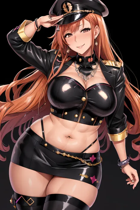 (arisugawa natsuha:1.2), long hair, orange hair, grey eyes, salute, hand on hip, gold earrings, large breasts, jewelry, military...