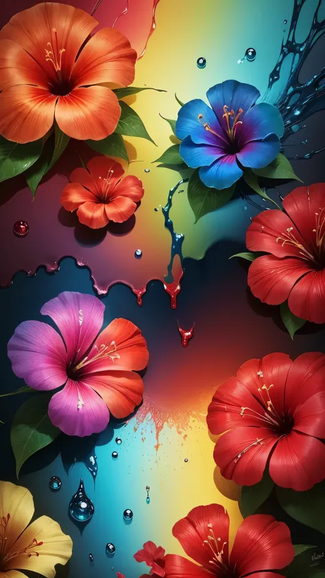 two red and blue flowers with water droplets on them, magical colorful flowers, beautiful tropical flowers, beautiful vibrant colors, hibiscus flowers, beautiful and colorful, tropical flowers, rich flower colors, large exotic flowers, blooming tropical fl...