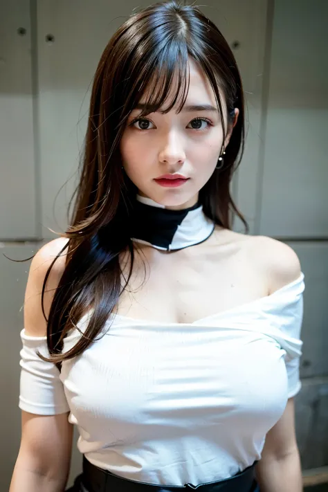 highest quality, ultra high resolution, (realistic:1.4), 1 girl, off shoulder white shirt, black tight skirt, black choker, (faded ash gray hair:1), (huge breasts:1.2), looking at the viewer, close ,