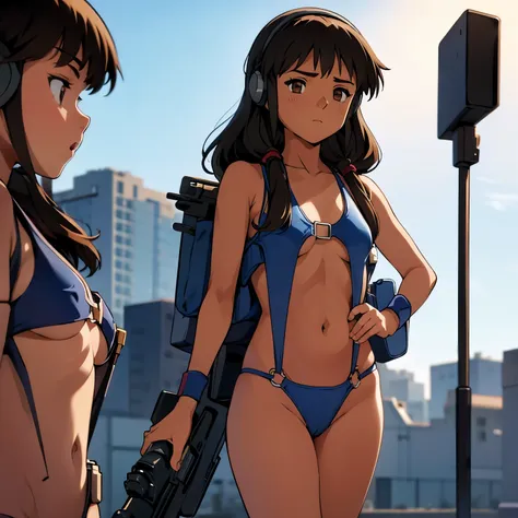 shakti kareen, brown_hair, brown_eyes, long_hair, dark skin, imperial guard combat uniform swimsuit, o-ring bikini, v gundam, sw...