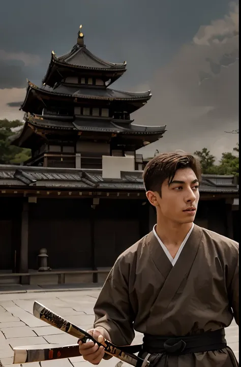 Kai Havertz in Samurai dress in period of Sengoku, 1568-1600 AD., The background is Osaka castle, sepia tone, right hand holding the katana, japanese sword, hyper realistic, ultra realistic, masterpiece, best quality, smoke