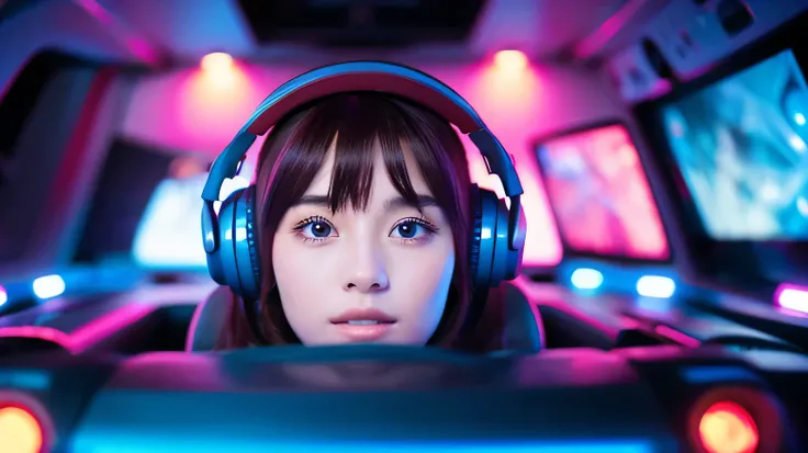 inside the spaceship,beautiful girl,headphones