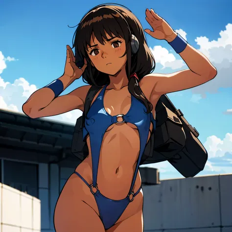 shakti kareen, brown_hair, brown_eyes, long_hair, dark skin, imperial guard combat uniform swimsuit, o-ring bikini, v gundam, sw...