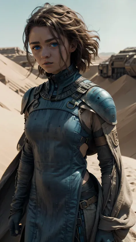 dune style, maisiewilliams, frank herbert's dune universe, in the desert, a lot of dust in the air, background of blue eyes, blu...