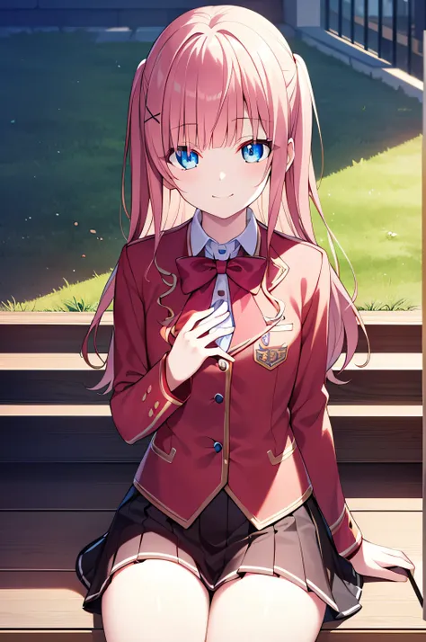 detectivelunch break, Smile, long hair, Bangs, blue eyes, shirt, hair accessories, long sleeves, skirt, bow, pink hair, hairpin, blunt Bangs, bowtie, red bow, x hair accessories, red bowtie, lunch break, (medium chest:1.2), rest looking at viewer, rest out...