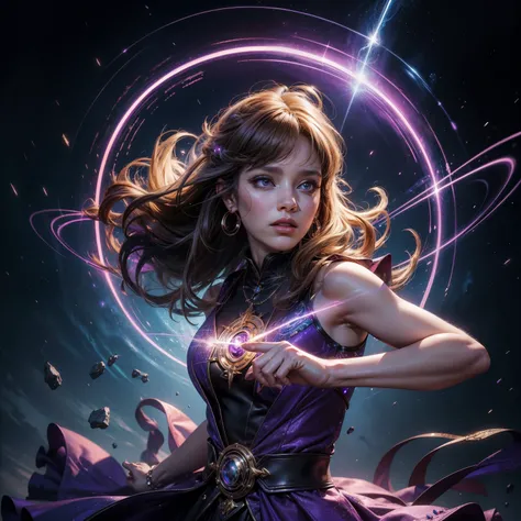 (best quality,4k,8k,highres,masterpiece:1.2), ultra-detailed, realistic:1.37, girl alone, Celine Jules casting spells, serious, purple dress, forehead mark, jewelry, magical circle, abstract background, swirling light, lightning magic, dynamic posture