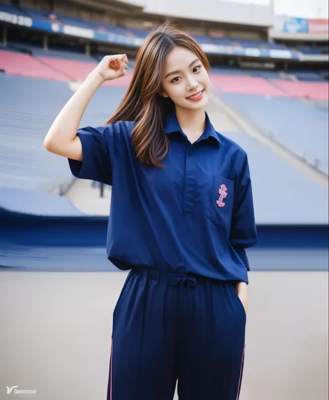 (best quality,10,10,height,Masterpiece:1.2),Special details,(realistic,ภาพrealistic,Realistic photos:1.37),1 cute girl on the football field,shiny, ผิวshiny,only,smile softly,BDclothelue shirt:1.3)),short sleeve,shirt, กางเกงขาlong.,(navy_long_track pants:...