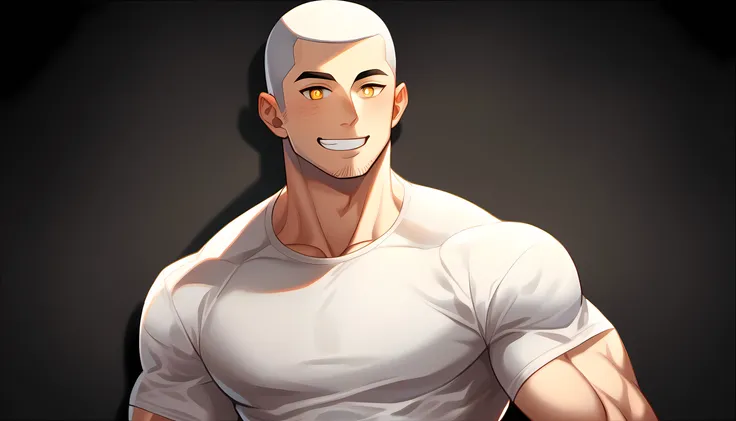 1 young muscular man, male focus, Slightly transparent tight T-shirt, white hair, buzz clip, muscular male, muscular, only, Upper body, alone, white short hair, stubble, yellow eyes, black background, simple background, amazing quality, best aesthetics, Ri...