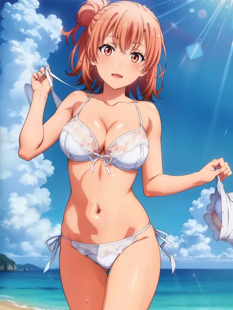 1 girl,(Ocean),(Yuigahama Yui),big breasts,,open mouth smile,,Are standing,long legs,calf,ankle,(Toe)(pussy cameltoe:1.0),(white bra),(White ruffled panties),
