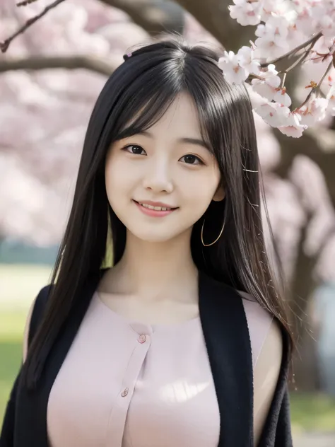 highest quality，Cherry blossom trees，cute smile，A woman wearing cute plain clothes with little exposure，(Black hair with semi-long hairstyle)，Heres the line of sight.，blur the background，big breasts，４K image quality
