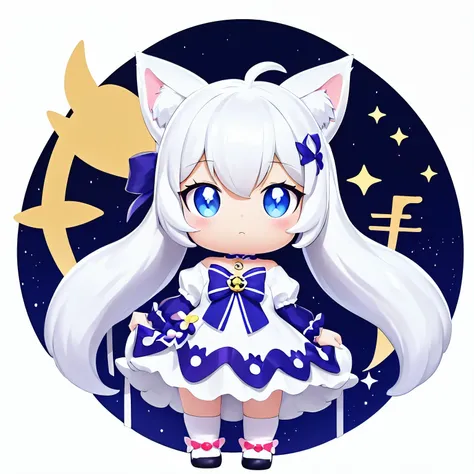 1girl, animal ears, tail, chibi, white hair, cat ears, solo, cat tail, long hair, hair ornament, cat girl, virtual youtuber, dress, blue eyes, ahoge, bow, white background, animal ear fluff, hairclip, holding