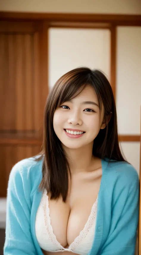 masterpiece,best quality,(Japanese ),((Beautiful girl)),cleavage,indoor,(perfect body beauty:1.2),(shy smile),beautiful teeth,