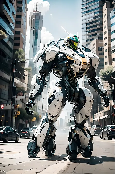 best quality,masterpiece,16k,Giant mecha,Vital Suits,building,Car tire structure feet,car,city,city lights,cityscape,cloud,day,destruction,east asian architecture,ground vehicle,Complex mecha structure,Looking up,Multicolored mecha,Half squat posture,full ...